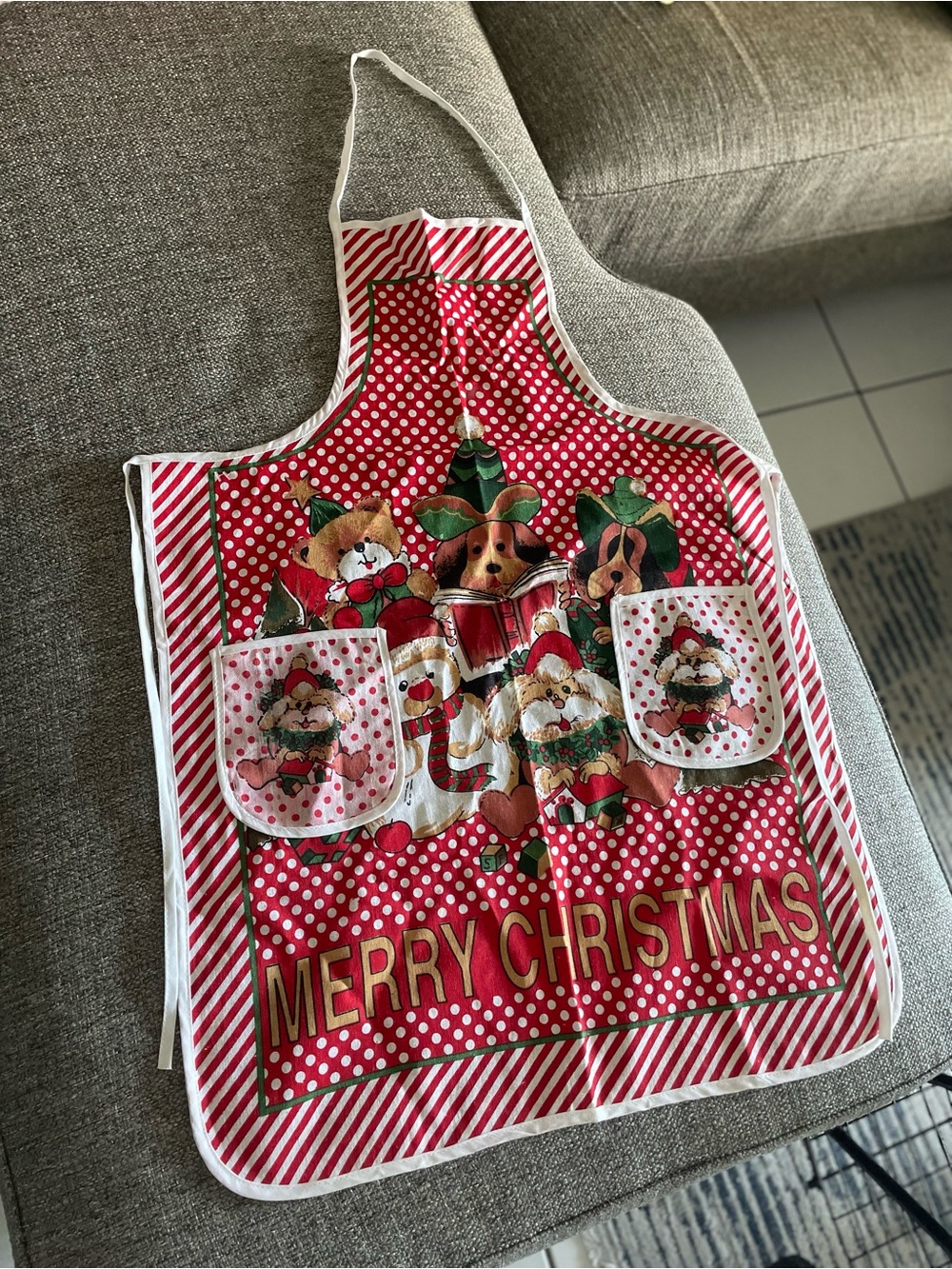 Merry Christmas Red Holiday Apron with Santa Pets